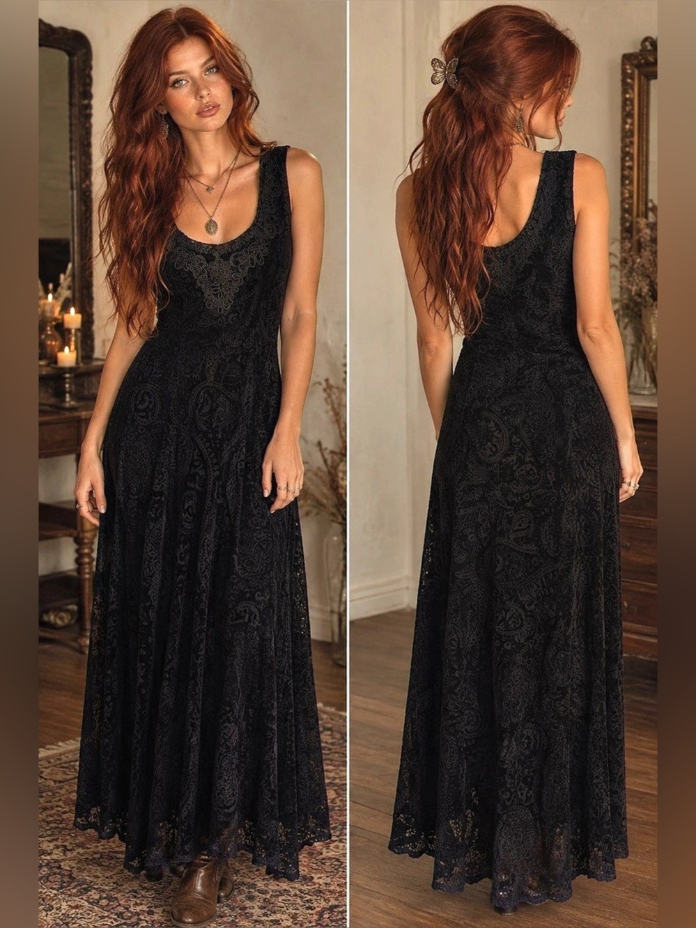 Whimsigoth Reba Paisley Velvet Burnout Embroidered Smocked Maxi Dress Black L